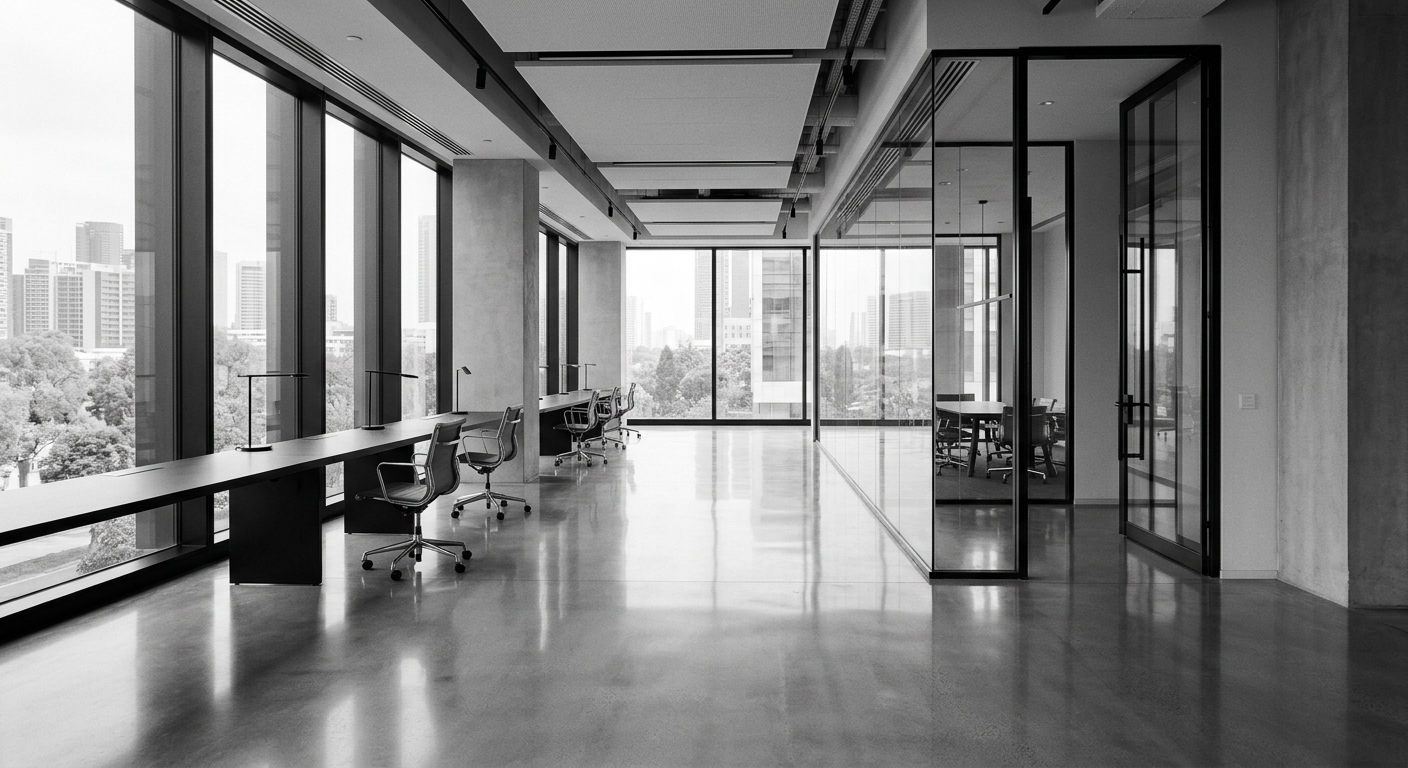 A spotless modern office with polished floors and natural light